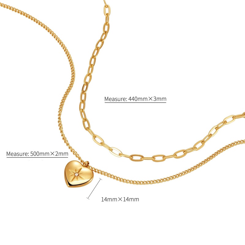 Eco-Friendly Simple & Casual Stylish 18K Gold Color 304 Stainless Steel & Cubic Zirconia Link Cable Chain Heart Eight Pointed Star Multilayer Layered Necklace For Women 44Cm-50Cm Long, 1 Piece