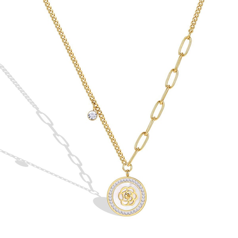 Eco-Friendly Exquisite Stylish 18K Gold Color 304 Stainless Steel & Cubic Zirconia Link Chain Round Flower Splicing Pendant Necklace For Women 41Cm(16 1/8") Long, 1 Piece