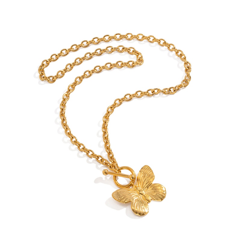 Eco-Friendly Vacuum Plating Retro Stylish 18K Real Gold Plated 304 Stainless Steel Curb Link Chain Butterfly Animal Pendant Necklace For Women Party 46Cm(18 1/8") Long, 1 Piece