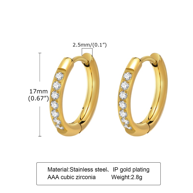 Eco-Friendly Simple & Casual Stylish 18K Real Gold Plated 304 Stainless Steel & Cubic Zirconia Hoop Earrings For Women Party 17Mm Dia., 1 Pair