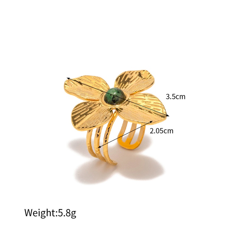 Eco-Friendly Retro Stylish 18K Real Gold Plated 304 Stainless Steel & Stone Open Adjustable Flower Rings For Women Party 20Mm(Us Size 10.25), 1 Piece