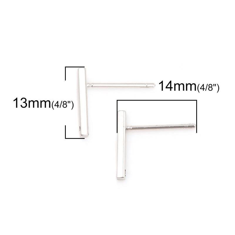 Copper Ear Post Stud Earrings Real Platinum Plated Rectangle With Loop 13Mm X 2Mm, Post/ Wire Size: (19 Gauge), 200 Pcs