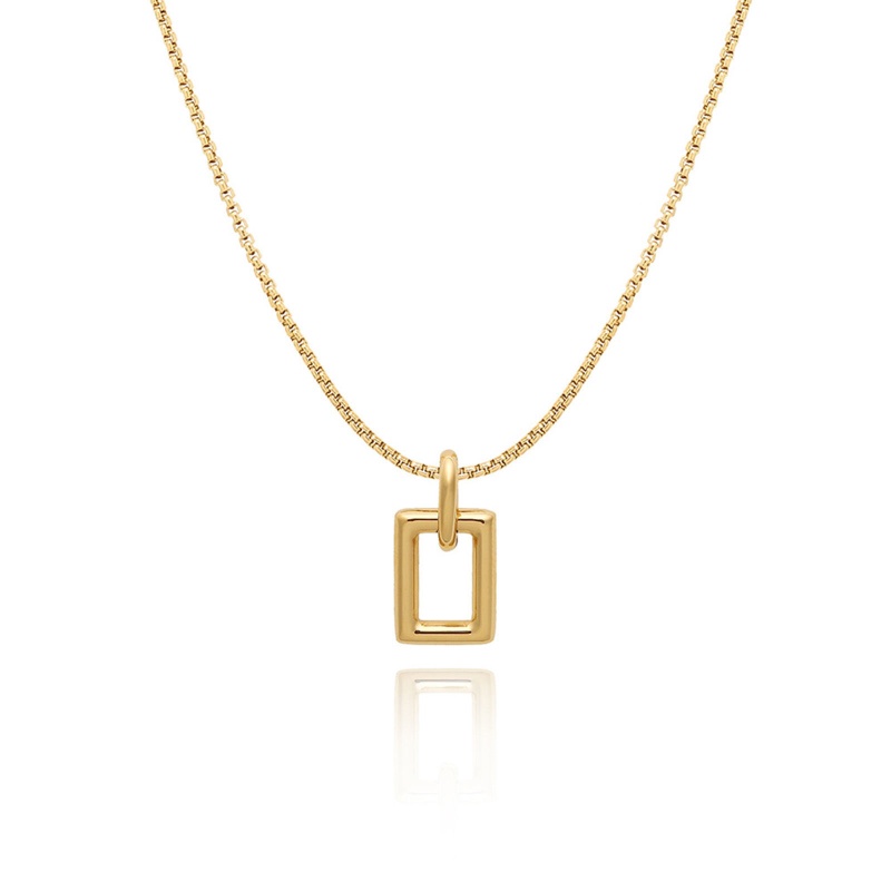 Eco-Friendly Simple & Casual Stylish 18K Real Gold Plated 304 Stainless Steel Curb Link Chain Rectangle Hollow Pendant Necklace Unisex Party 52Cm(20 4/8") Long, 1 Piece