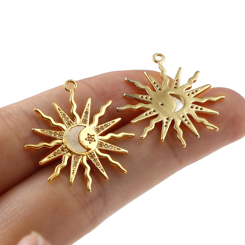 Copper Galaxy Charms Sun 18K Real Gold Plated Moon Micro Pave Clear Rhinestone 26Mm X 24Mm, 1 Piece