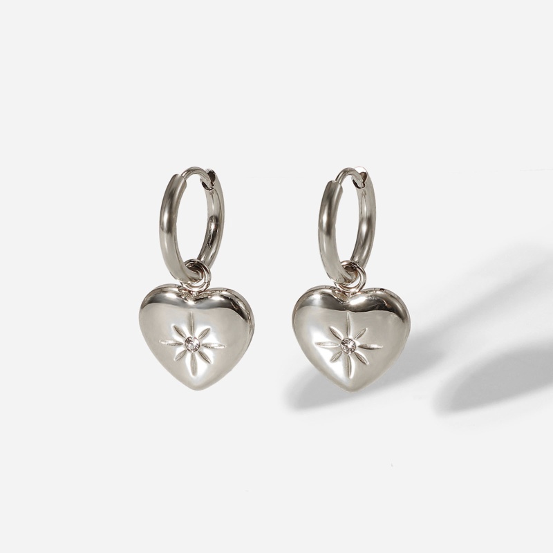 Stainless Steel Valentine's Day Hoop Earrings Silver Tone Heart Star Clear 26.2Mm X 13.4Mm, 1 Pair