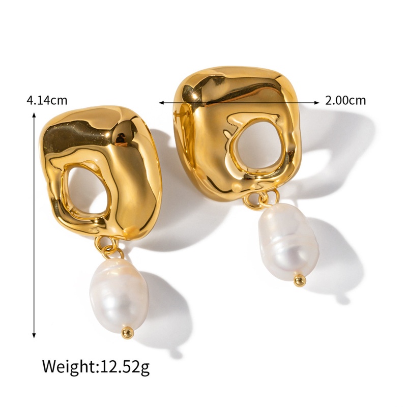 Hypoallergenic Stylish Retro 18K Real Gold Plated 304 Stainless Steel & Natural Pearl Earrings For Women Party 4.1Cm X 2Cm, 1 Pair