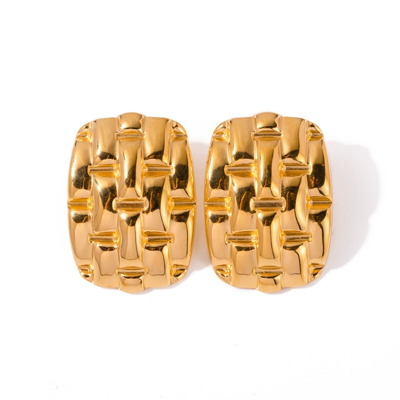 1 Pair Eco-Friendly Vacuum Plating Simple & Casual Retro 18K Real Gold Plated 304 Stainless Steel Grid Checker Ear Post Stud Earrings For Women Party 2.9Cm X 2Cm