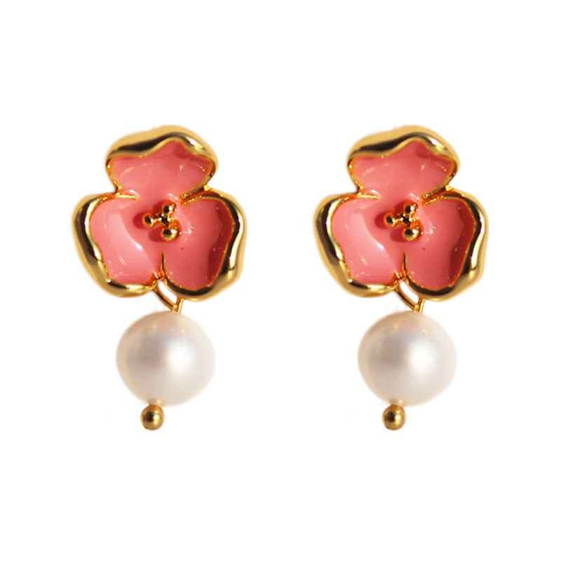 Hypoallergenic Sweet & Cute Exquisite 18K Gold Color Pearl & Copper Flower Earrings For Women Party 2.5Cm X 1.3Cm, 1 Pair