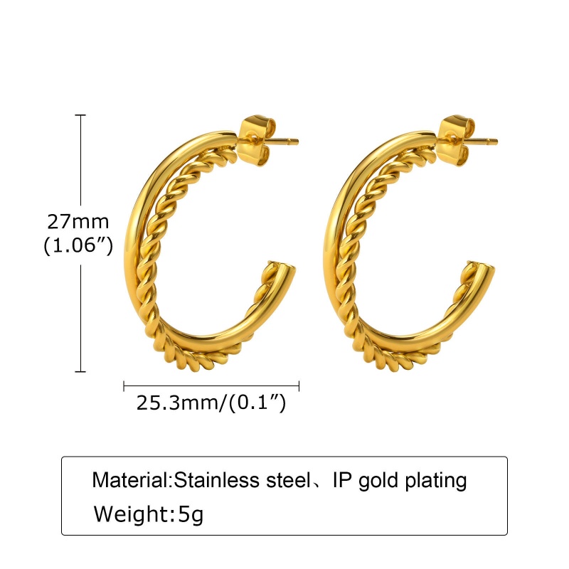 Eco-Friendly Simple & Casual Stylish 18K Real Gold Plated 304 Stainless Steel Braided Hoop Earrings For Women Party 2.7Cm X 2.5Cm, 1 Pair