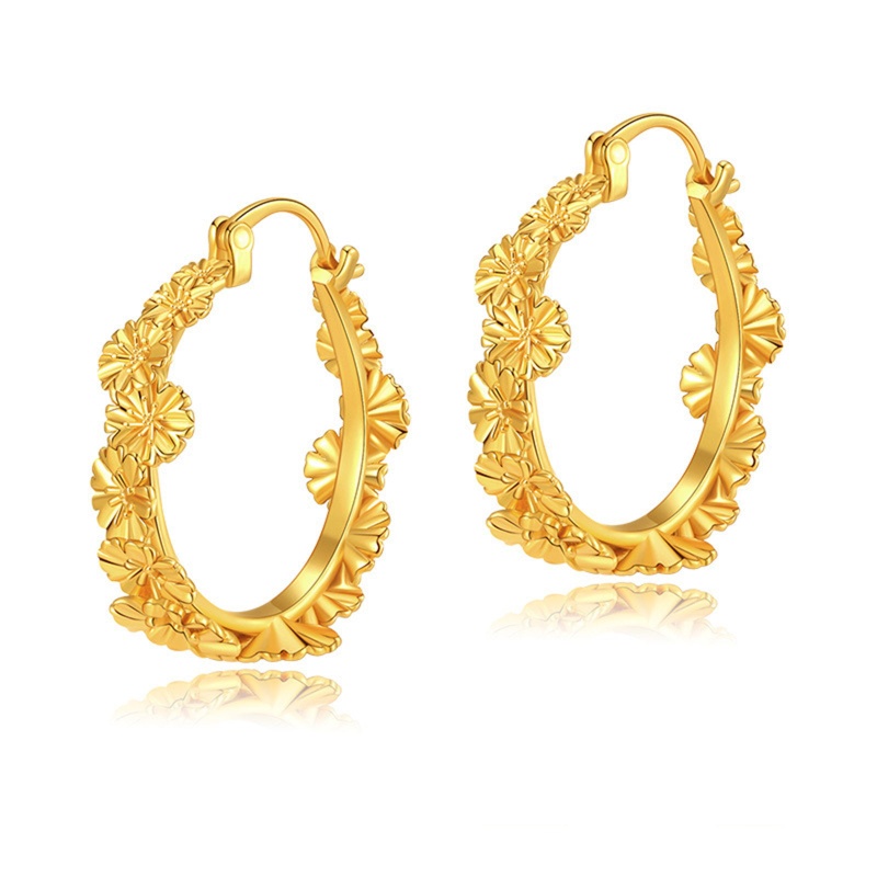 Hypoallergenic Simple & Casual Retro 18K Real Gold Plated Copper Flower Hoop Earrings For Women Party 3.3Cm Dia., 1 Pair