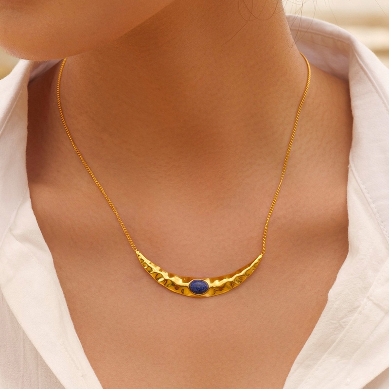 1 Piece Eco-Friendly Vacuum Plating Bohemia Boho Ethnic 18K Real Gold Plated 304 Stainless Steel & Stone Link Cable Chain Half Moon Oval Pendant Necklace Unisex Party 41Cm(16 1/8") Long