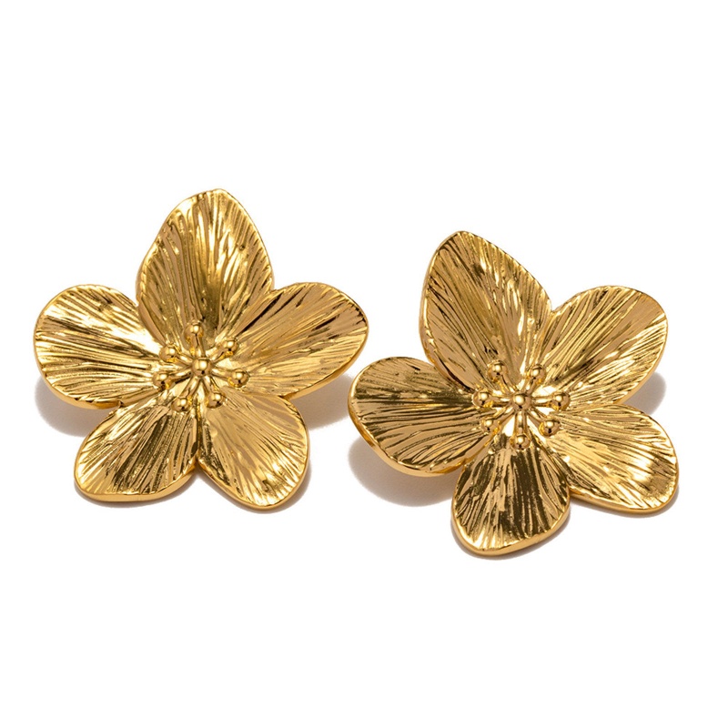 Hypoallergenic Stylish Retro 18K Real Gold Plated 304 Stainless Steel Flower Ear Post Stud Earrings For Women Party 3Cm X 3Cm, 1 Pair