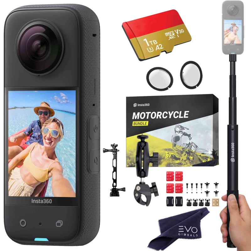 Insta360 X3 Camera With Motorcycle Bundle, Invisible Selfie Stick, Lens Guard & Sd Card