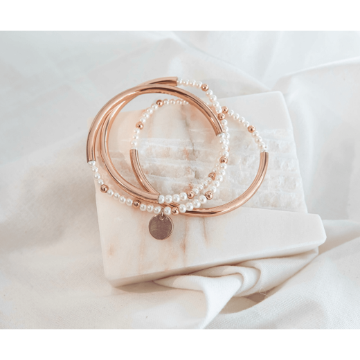 Multilayer Polaris Bracelet - 3 Piece Bangle Set Rose Gold and Pearls Stretch Style