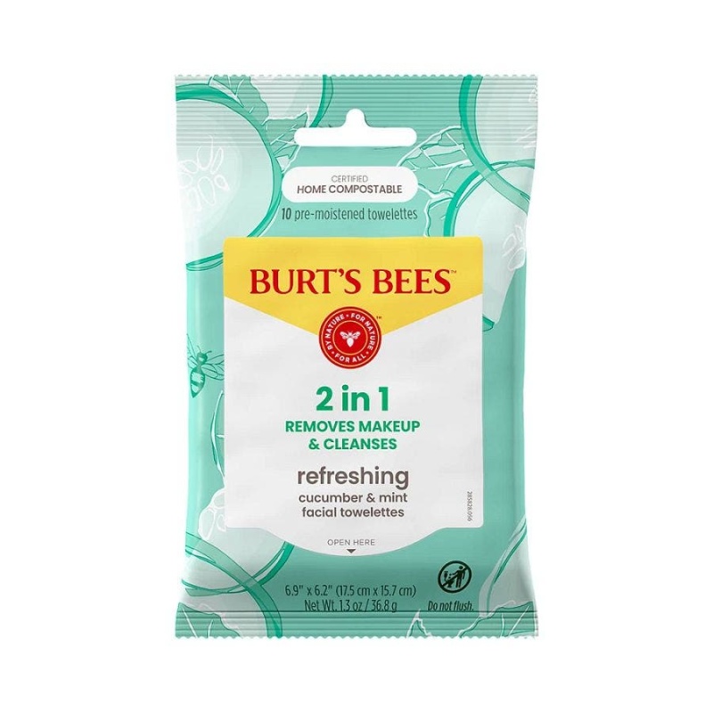 Burt's Bees Refreshing 2-In-1 Facial Towelettes With Cucumber & Mint 10 Count
