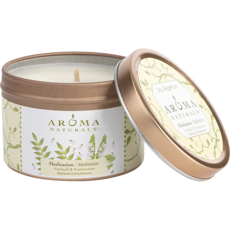 Meditation Aromatherapy By Mediation Aromatherapy One 2.5X1.75 Inch Tin Soy Aromatherapy Candle. Combines The Essential Oils Of Patchouli & Frankincense To Create A Warm And Comfortable Atmosphere. Burns Approx. 15 Hrs