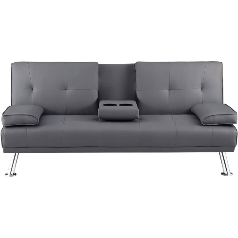 Modern Futon Sleep Sofa Bed Couch In Grey Faux Leather With Cup Holder