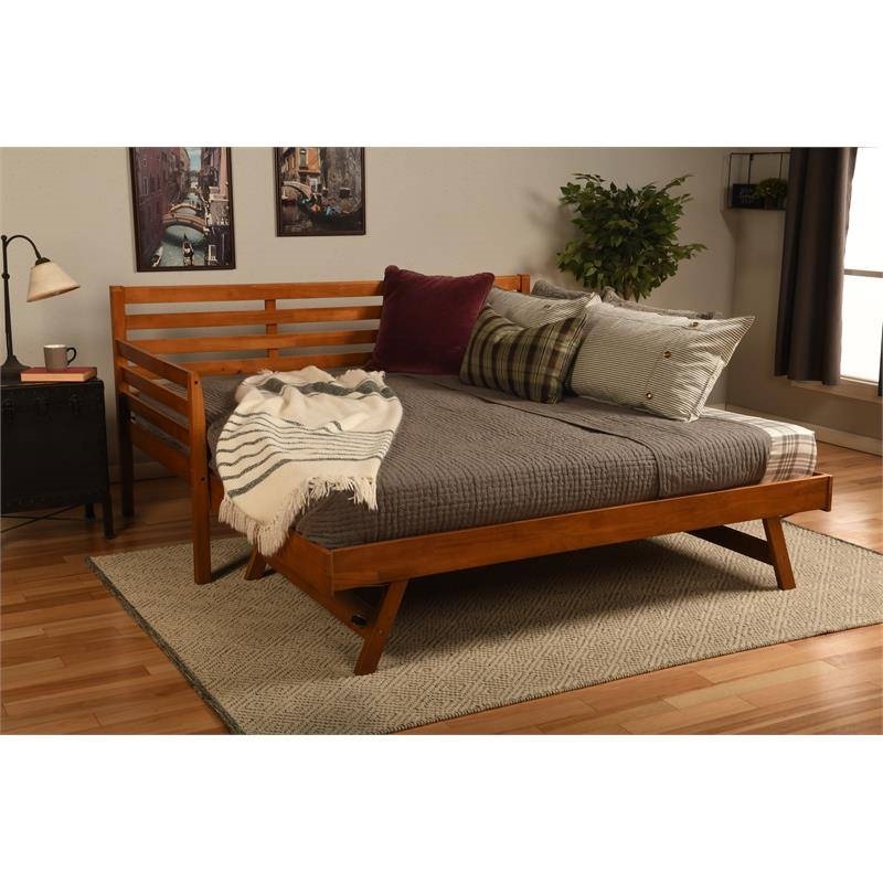 Solid Wood Day Bed Frame With PullOut Pop Up Trundle Bed In Medium Brown