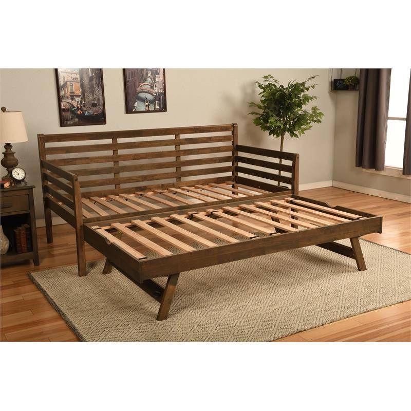 Solid Wood Daybed Frame With Twin Pop-Up Trundle Bed In Walnut Finish