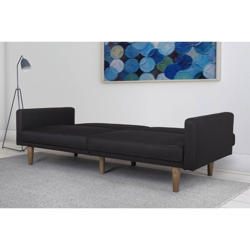 Black Mid-Century Modern Linen Upholstered Sofa Bed With Classic Wood Legs