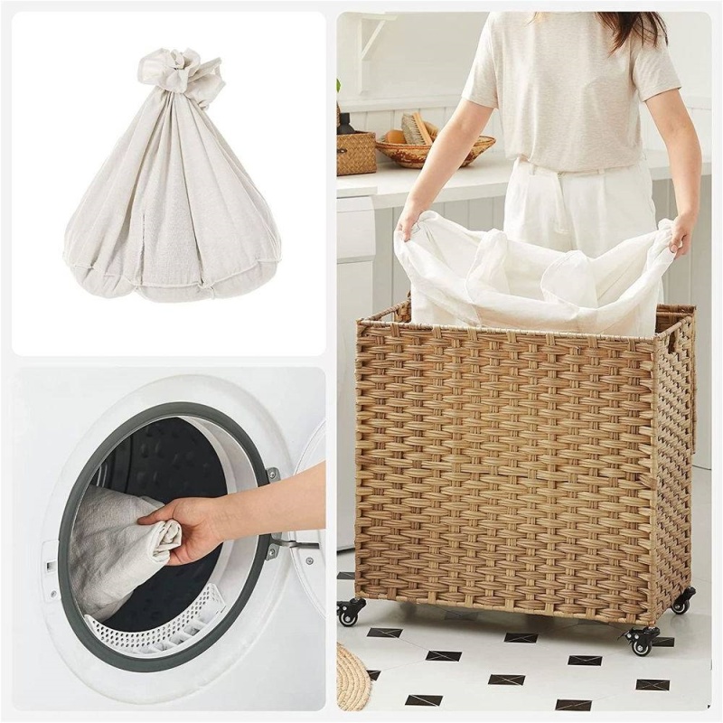 Handwoven Pp Wicker 3-Section Laundry Basket Cart With Cotton Liner On Wheels