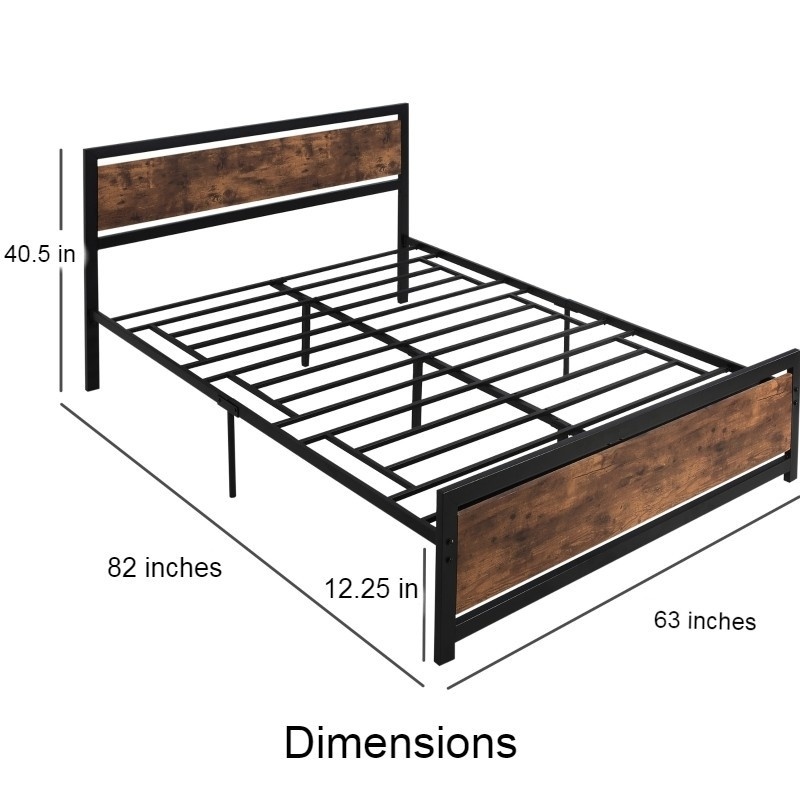 Queen Size Farmhouse Metal Wood Platform Bed Headboard Footboard