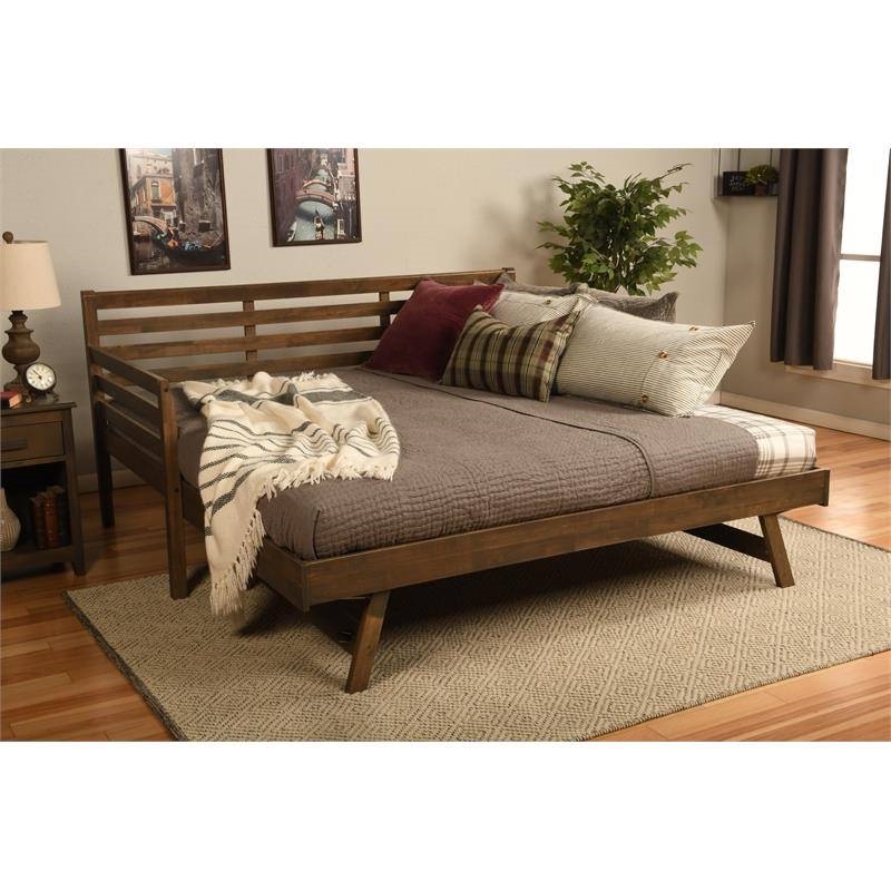 Solid Wood Daybed Frame With Twin PopUp Trundle Bed In Walnut Finish