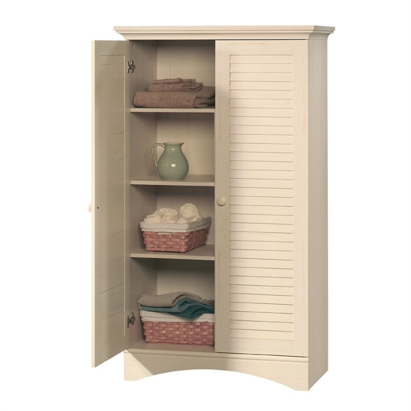 Antique White Finish Wardrobe Armoire Storage With Louver Doors