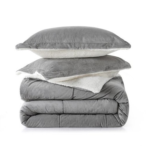 Queen Plush Microfiber Reversible Comforter Set In Grey