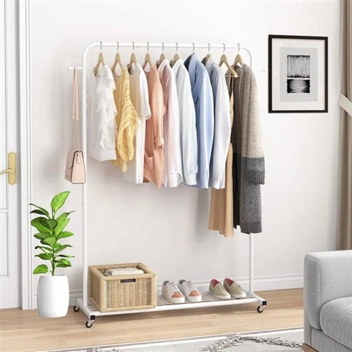 White Modern Garment Rack Clothes Hanging Rod With Lockable Wheels