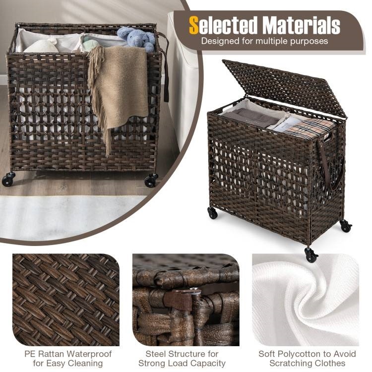 Brown Pe Wicker Rattan 2 Section Rolling Laundry Hamper With Removeable Bags