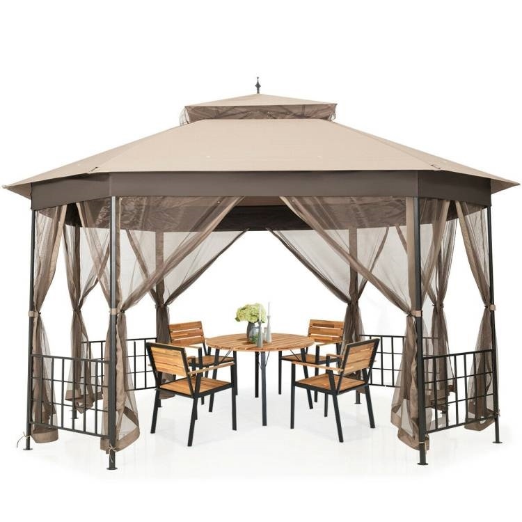 Outdoor 10 X 12 Ft Octagon Gazebo With Mosquito Net Sidewalls And Brown Canopy