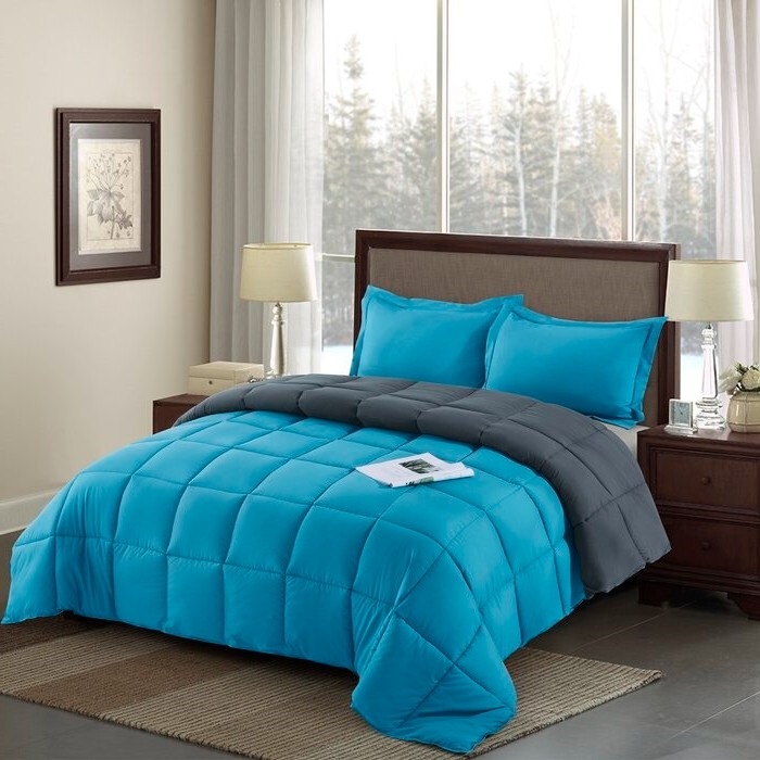 Full/Queen Traditional Microfiber Reversible 3 Piece Comforter Set In Blue/Grey