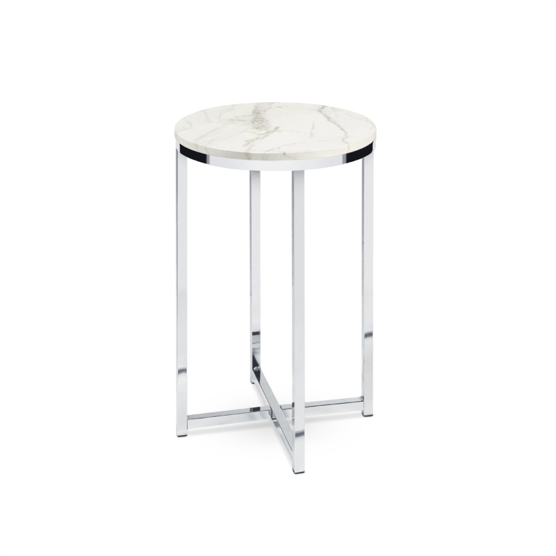 Round Cross Leg Design Coffee Side Table Nightstand With Faux Marble Top White/Chrome