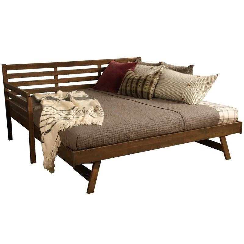 Solid Wood Daybed Frame With Twin PopUp Trundle Bed In Walnut Finish