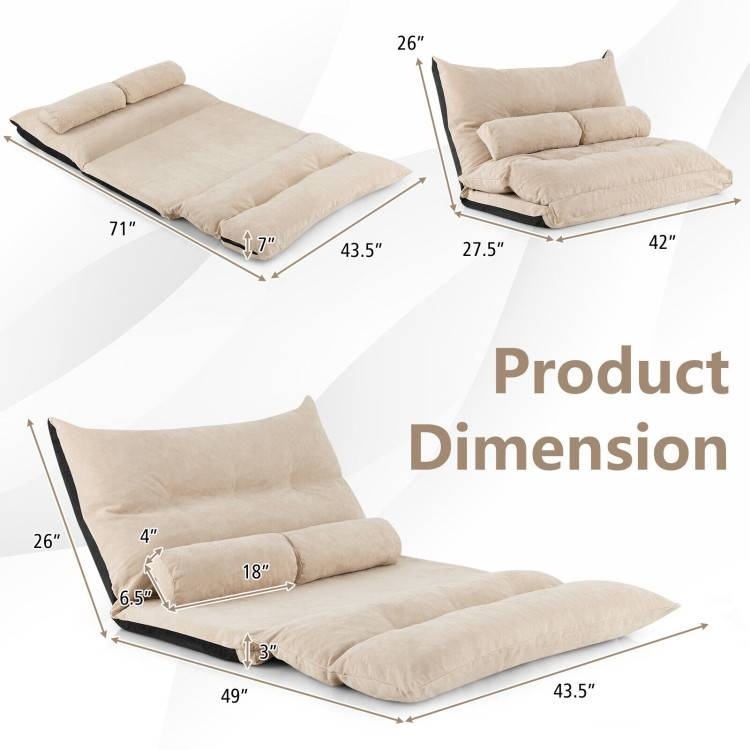 Modern Adjustable Floor Lounge Chair Sofa Bed With 2 Lumbar Pillows In Beige