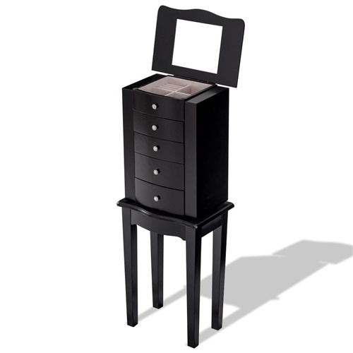Black Wood 5-Drawer Jewelry Chest Storage Chest Cabinet With Mirror