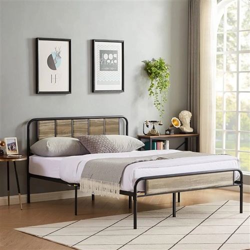 Queen Size Grey Wood Metal Platform Bed Frame With Rounded Headboard Footboard