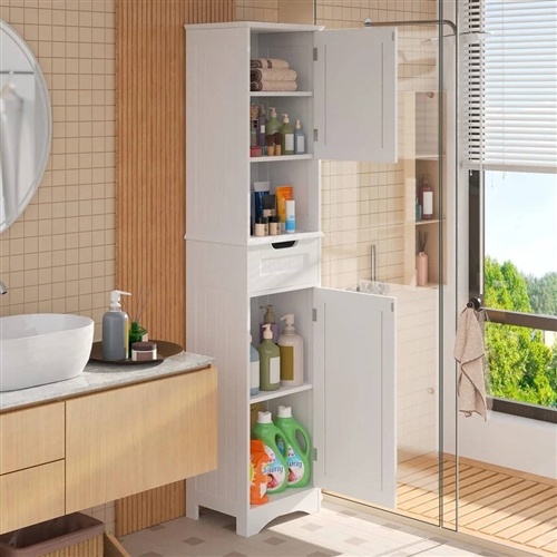 White Bathroom Linen Cabinet Tower With 2 Doors Storage Drawer And Shelf