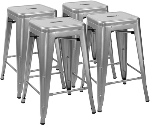 Set Of 4 - 24-In. Indoor/Outdoor Backless Stacking Silver Metal Barstools