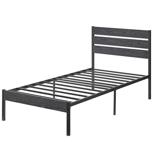 Twin Size Industrial Platform Bed Frame with Wood Slatted Headboard in Black