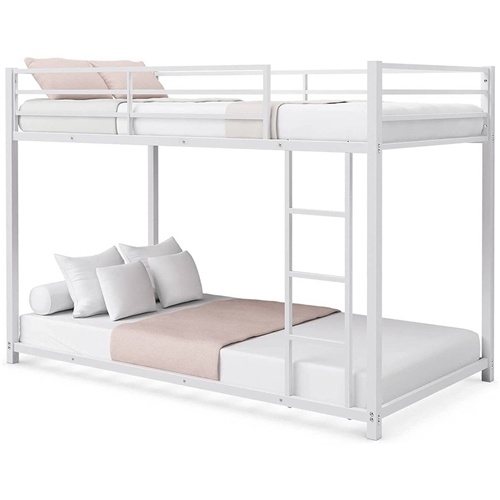 Twin Over Twin Low Profile Modern Bunk Bed Frame in White Metal Finish
