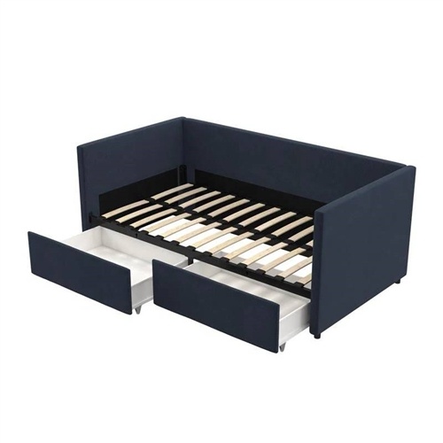 Navy Blue Linen Upholstered Daybed With Pull-Out Storage Drawers