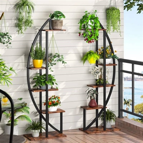 Set Of 2 - Symmetrical Modern Metal Wood 10-Shelf Plant Stand