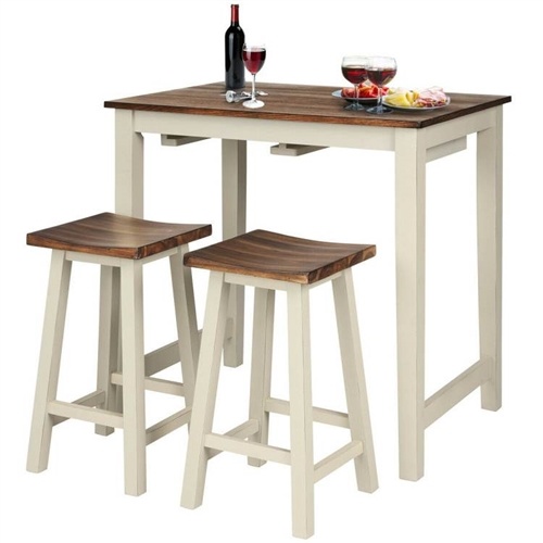 3 Piece Farmhouse Counter Height Kitchen Pub Table Set With 2 Saddle Bar Stools