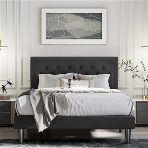 Queen Black Linen Upholstered Platform Bed Frame With Button-Tufted Headboard
