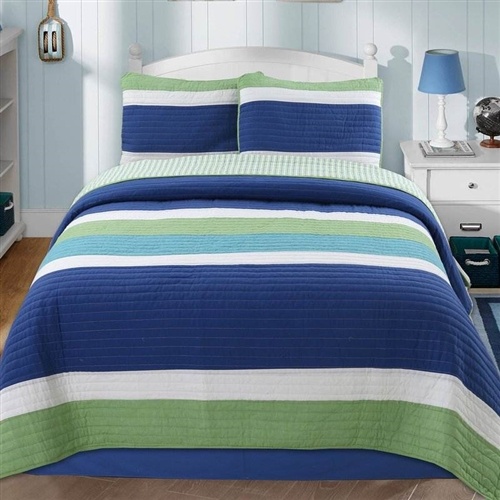 Full/Queen Navy Blue/Green/Teal/White Stripe 100% Cotton Quilt Set