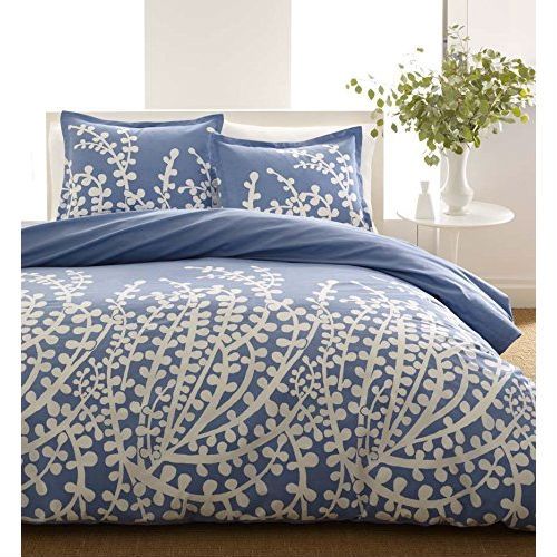 Full/Queen 100-Percent Cotton 3-Piece Comforter Set with Blue White Floral Branch Pattern