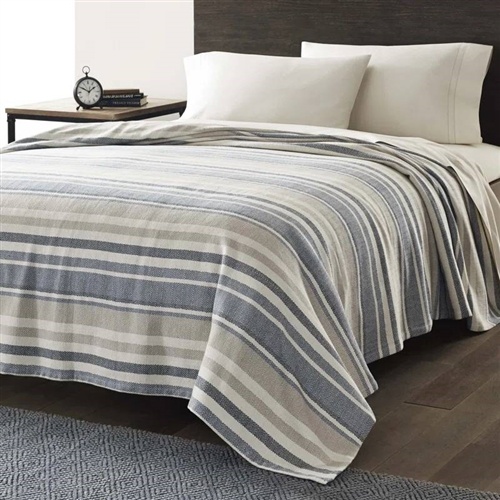 Twin Size Navy Blue Tan Cream Chevron Stripe Lightweight Cotton Blanket