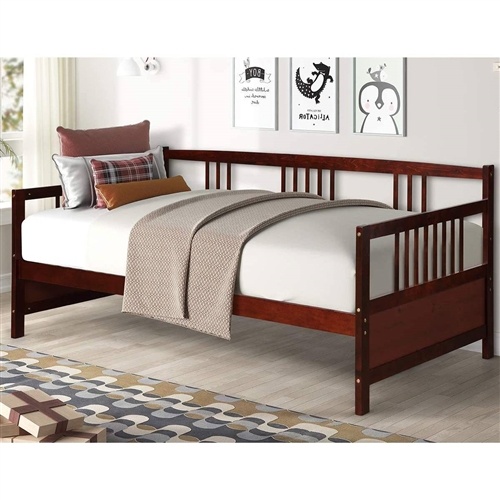 Twin Size 2-In-1 Wood Daybed Frame Sofa Bed in Brown Cherry Finish